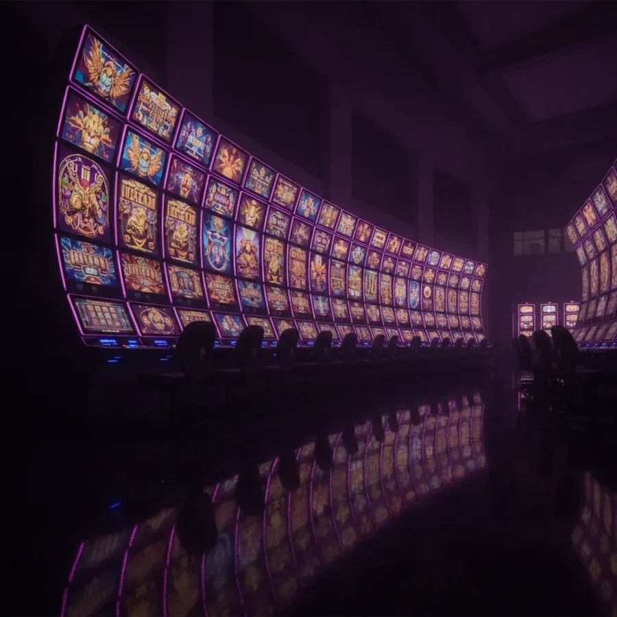 Row of glowing video slot screens in a dark casino hall